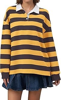 Rugby Shirt Women Polo Striped Sweatshirt Oversized Long Sleeve Lapel V Neck Pullover Top Y2K Streetwear Blouses