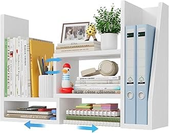 Desktop File Organizer Desk Organizer Shelf - White Office Organization Shelves for Top of Desk Organizers and Accessories Corner Bookshelf Table Top Shelving Small Hutch Decorations for Women Office