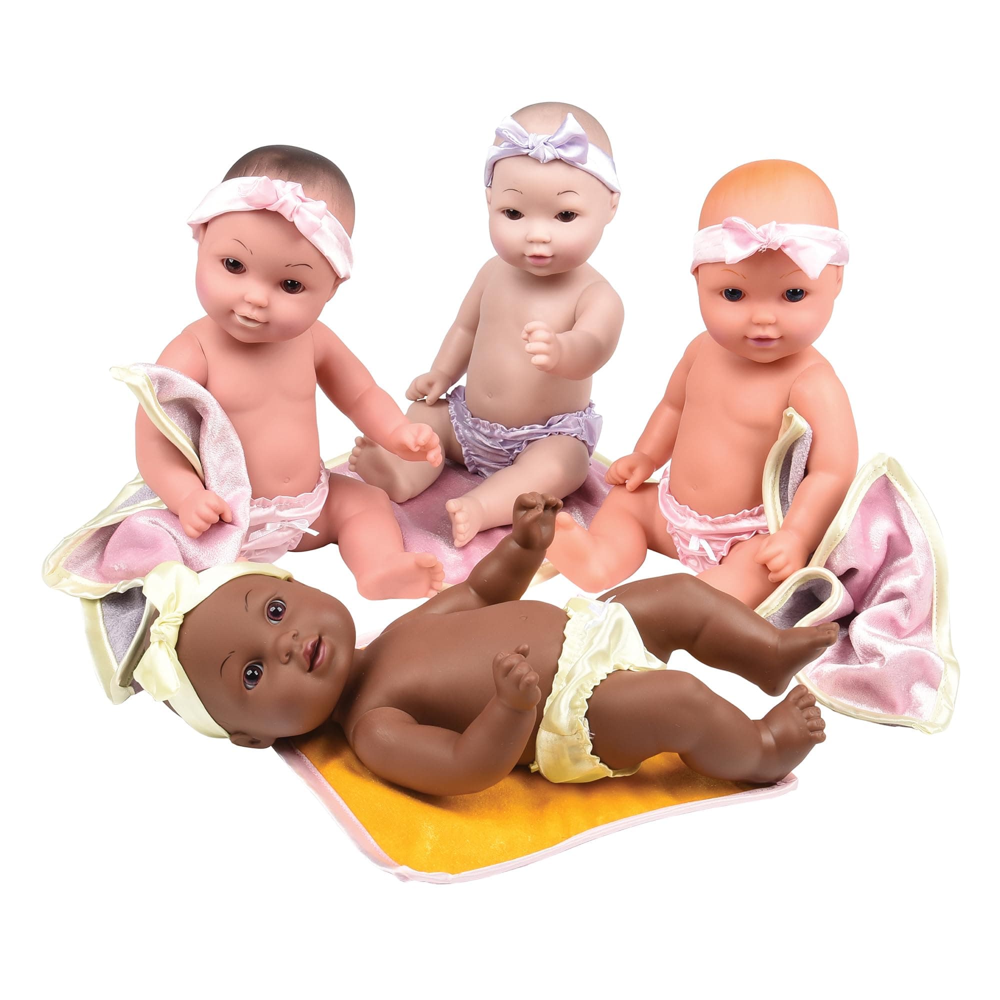 Constructive Playthings Tender Touch 12" H Multicultural Baby Doll Toys Set with Blankets, Headbands, and Panties, Set of 4 Diverse Baby Dolls for Kids, Multicolor