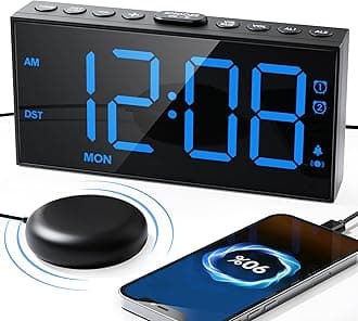 - Vibrating Alarm Clock with Bed Shaker for Heavy Sleepers Adults, Dual Alarms for Weekday & Weekend, Large Display, Snooze, USB Charging Port, 12/24H DST