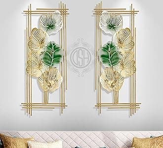 DSH CRAFTING YOUR CURIOSITY Metal Wall Decor Sculpture Leaf Framed (Set Of -2) Wall Art Gold & Green Rectangle Shape For Decoration