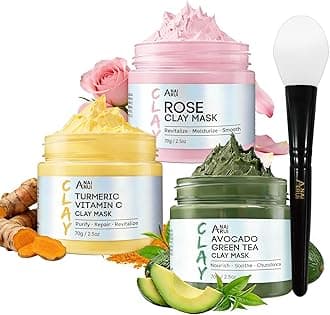 ANAI RUI 3 Pack Clay Mask Set Turmeric Vitamin C Clay Mask -Rose Facial Mask -Avocado Green Tea Mud Mask Smoothing, Hydration & Glow,Spa Gift Set, Self Care for Women Teens 2.5 oz Each