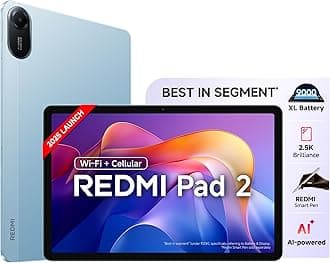 Redmi Pad 2 Wi-Fi + Cellular, Active Pen Support, 27.94cm(11") Model, 2.5K Sharp & Clear Display, 8GB, 256GB, All Day & More 9000mAh Battery, AI-Enabled, Dolby Atmos, HyperOS 2, Sky Blue