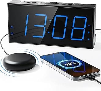 Extra Loud Alarm Clock with Bed Shaker for Heavy Sleeper, Dual Vibrating Alarm Clock with USB Charger for Hearing-impaired Deaf, 7.5ââ‚¬â„¢ââ‚¬â„¢ Large Display Digital Clock, Dimmer, Snooze & Battery Backup