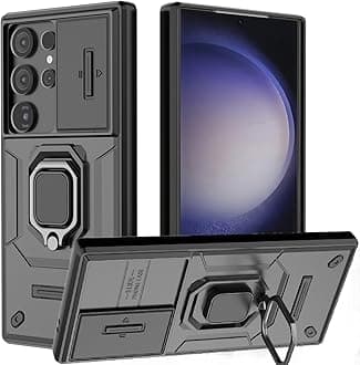 for Sumsung Galaxy S23 Ultra Case with Sliding Camera Cover, for Sumsung S23 Ultra Case with 360° Rotate Ring Kickstand Heavy Duty Protective Shockproof Protective Phone Case for S23 Ultra Cover,Black