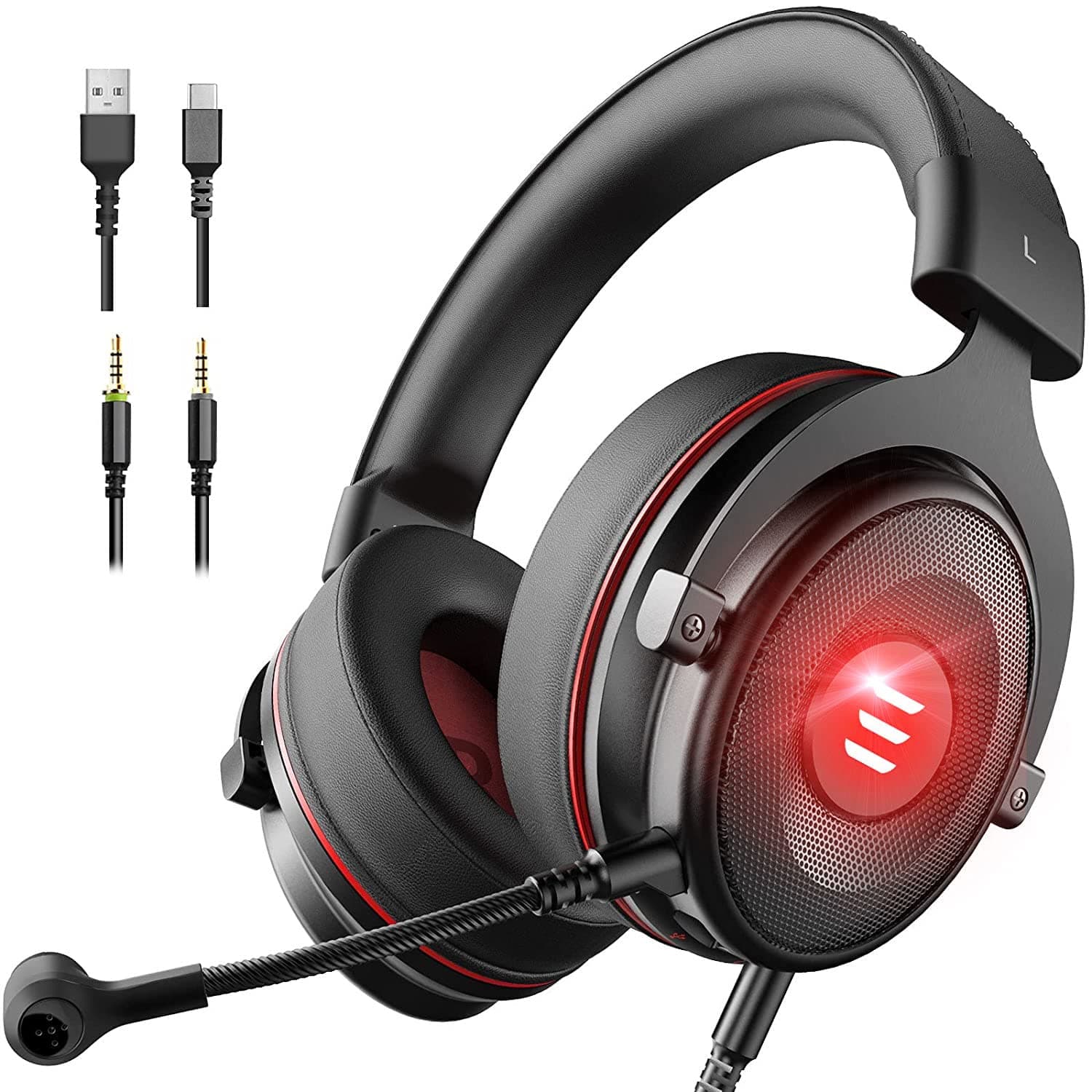 EKSA E900 PRO Black Gaming Wired Over Ear Headphones with Virtual 7.1 Surround Sound, Noise Cancelling with Mic & Led, Compatible with PC and Gaming Console - Red and Black