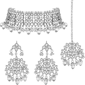 Indian Faux Kundan Choker Necklace & Earrings Maang Tikka Set Traditional Ethnic Wedding Wear Fashion Bharatanatyam jewellery set Gift for Women