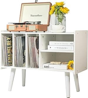 Record Player Stand with Vinyl Storage Holds Up to 300lb, Large Record Player Table Cabinet for Album Storage with Holder Vinyl Display Shelf, Wood Turntable Stand for Bedroom Living Room (White)