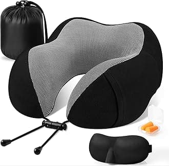 THMINSTHMINS Black Travel Pillows,For Airplane, Neck Pillow for Travel,Neck Support Comfortable & Breathable Cover, Airplane Travel Kit with 3D Contoured Eye Masks