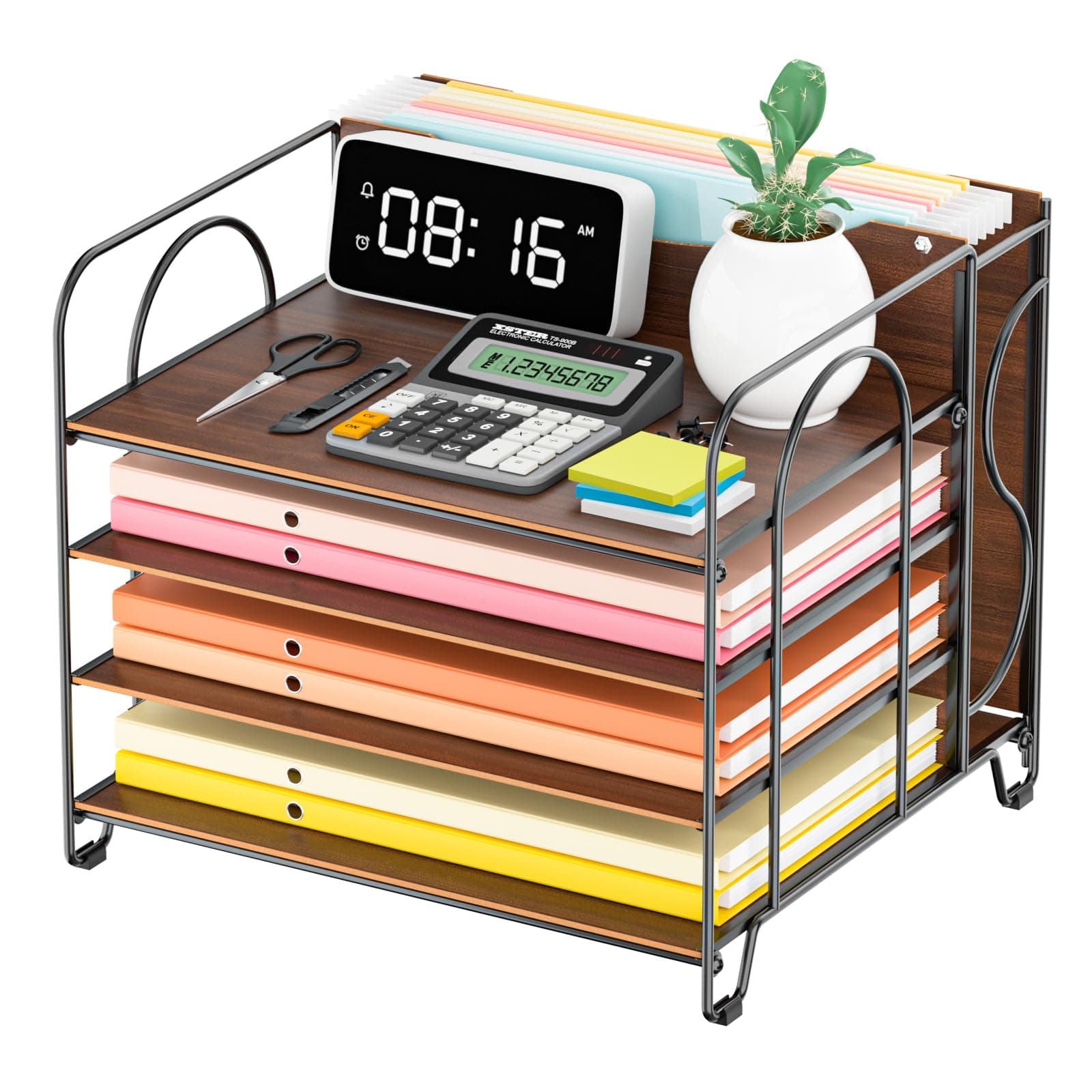 LUCYCAZ File Organizer for Desk - Paper Organizer, 4 Tier Wood Desk Organizer for Hanging File Folders Letter Size or A4 Size, Desktop File Organizer for Office School and Home, Black