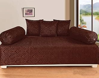 Premium Velvet Diwan Set - Bedsheet, 2pc Bolster Cover with Dori and 3pc Cushion Covers Large Set of 6 Pieces (Coffee)