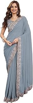 Women's Georgette Lakhanvi Embroidery with Sequence Moti work Women Saree