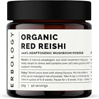 Erbology Organic Reishi Powder 50g - 100% Adaptogen Mushroom - 20% Beta-Glucan - Starch Free - Made in EuropeEU OrganicUSDA Organic