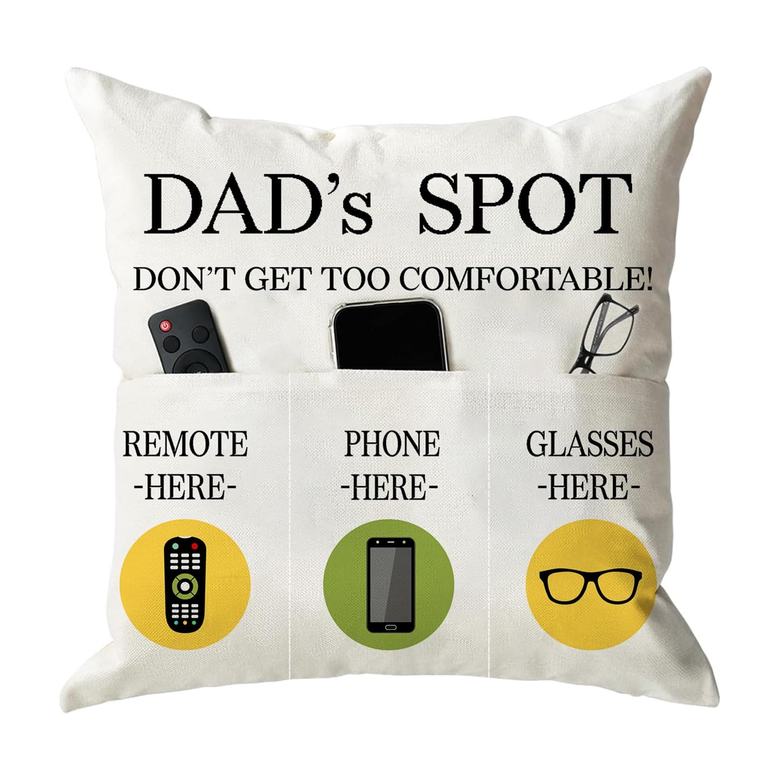 ONFAON Father's Day Throw Pillow Case, Dad's Spot Throw Pillow Covers 18 x 18 Inch，Dad Gifts from Daughter Son，Birthday Christmas Thanksgiving Day Gifts for Papa Stepdad ，3-Pocket