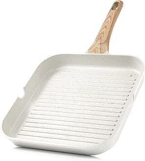 SENSARTE Grill Pan, 11.0 inches (28 cm), Ceramic Coat, Square Fry Pan, IH Gas, Double Sided Pourer, Non-Stick White
