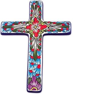 NOVICA Hand Painted Talavera Large Ceramic Wall Cross, Multicolor, Jerusalem Rose'