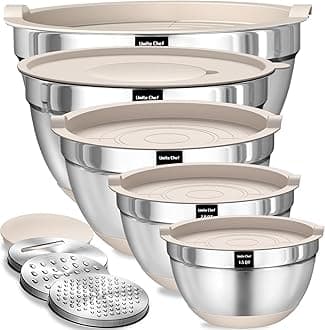 Mixing Bowls with Airtight Lids Set, 8PCS Stainless Steel Khaki Nesting Bowls with Grater Attachments, Kitchen Bowls with Non-Slip Bottoms, Size 5, 4, 3.5, 2, 1.5QT for Mixing & Serving