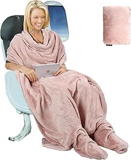 Tirrinia Travel Portable Blanket with Feet Airplane Office Poncho 4 in 1 Zippered Front Pocket Premium Cozy Fleece Blankets with Built-in Bag