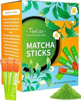 TeeLux Matcha Green Tea Powder, Premium First Harvest Culinary Grade Matcha Single Serve Packets, Unsweetened Matcha Powder Travel Stick Packs, 50 Count