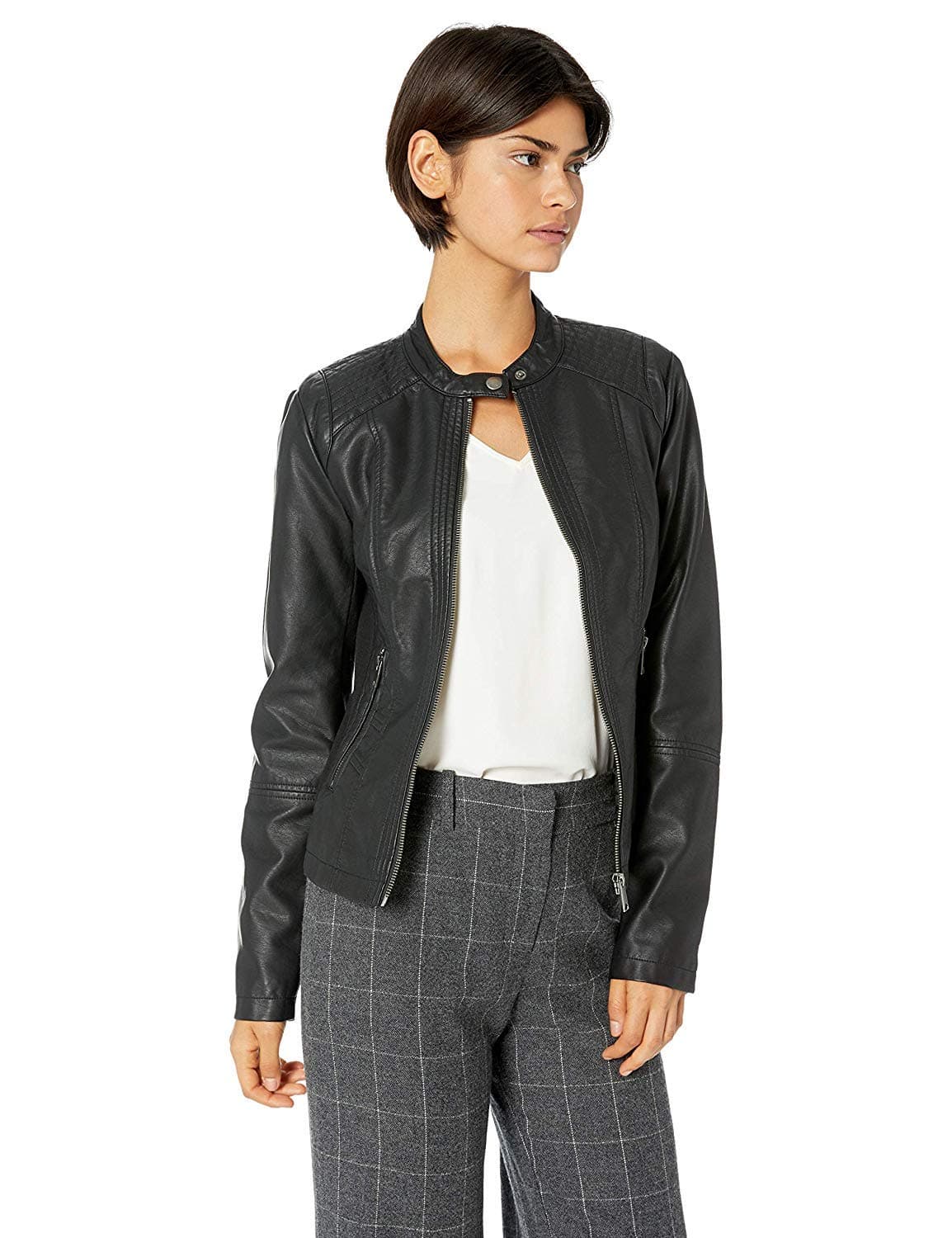 Sebby Collection Women's Faux Leather Jacket with Moto Details and Front Zip Pockets