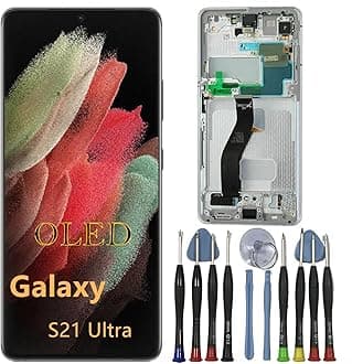 OLED Galaxy S21 Ultra Screen Replacement for Samsung S21ultra 5G Display Touch Screen Digitizer Assembly SM-G998U SM-G998U1 G998B LCD Support Fingerprint (with White Frame+Tools)