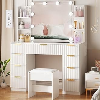 BEWISHOMEMakeup Vanity Desk with Mirror and Lights,43.3" Large Vanity with 9 Drawers & Glass Top,Makeup Table with Power Outlet,3 Lighting Modes,Stool Dressing Table for Bedroom Women White FST32W