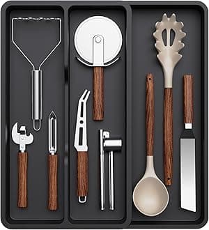 Utensil Organizer for Kitchen Drawer, Expandable Cooking Silverware Tray, Adjustable Cutlery Flatware Holder, Plastic Spatula Tools Storage Divider, 14.4 x 15.8", Black