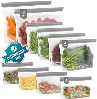 IDEATECH 12Pack Food Storage Bags Dishwasher Safe, BPA Free Gallon Freezer Bags, Reusable Snack Bags, Leakproof BPA Free Reusable Baggies for Lunch,Travel(2Gallon 4Quart 4Snack, Grey)