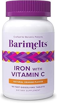 Barimelts Iron with Vitamin C, 90 Fast-Dissolving Tablets (1-Month Supply), Sugar-Free Bariatric Iron Supplement for Women, Natural Orange Flavor​