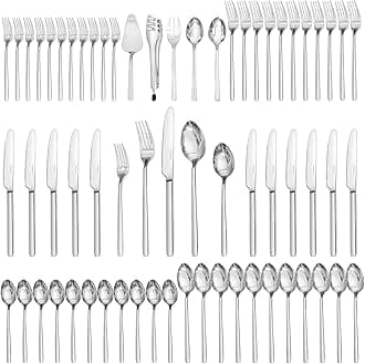 Silverware Set With Serving Utensils, 65 Piece Flatware for 12, 18/10 Cutlery With 5 Piece Serving Utensil Set - Modern and Original Design, Dishwasher Safe