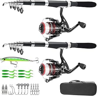 Fishing Pole Combo Set,2.1m/6.89ft 2PCS Collapsible Rods 2PCS Spinning Reels Lures Set Carrier Bag Carbon Fiber Telescopic Fishing Rods Sea Saltwater Freshwater Kit Fishing Rod Reel Combos