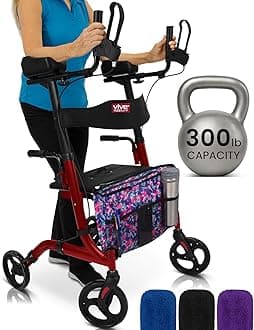 Vive Mobility Upright Walker with Seat, for Seniors, Women - Stand Up Rollator, Arm Rests, Heavy Duty, Folding Medical Aid Scooter for Elderly, Seniors - Walking Foldable Assist (Red, Floral Bag)