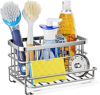 HapiRm Kitchen Sink Organiser Silver - 4 in 1 Sink Tidy with Removable Drip Tray, Stainless Steel Kitchen Sink Caddy for Dish Brush, for Countertop Storage & Organisation