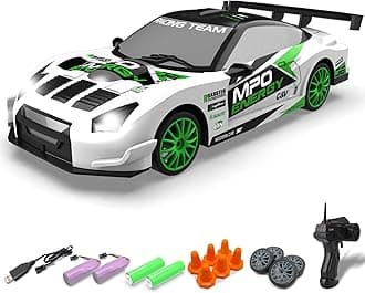 RACENT 1:24 Scale RC Drift Car, 10MPH 4WD Remote Control Car with LED Light, Racing and Drifting Wheels, 2 Rechargeable Batteries, Toy for Boys, Girls, Kids (White)