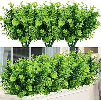 Artificial Plants Flowers Faux Boxwood Shrubs 6 Pack, Lifelike Fake Greenery Foliage with 42 Stems for Garden, Patio Yard, Wedding, Office and Farmhouse Indoor Outdoor Decor