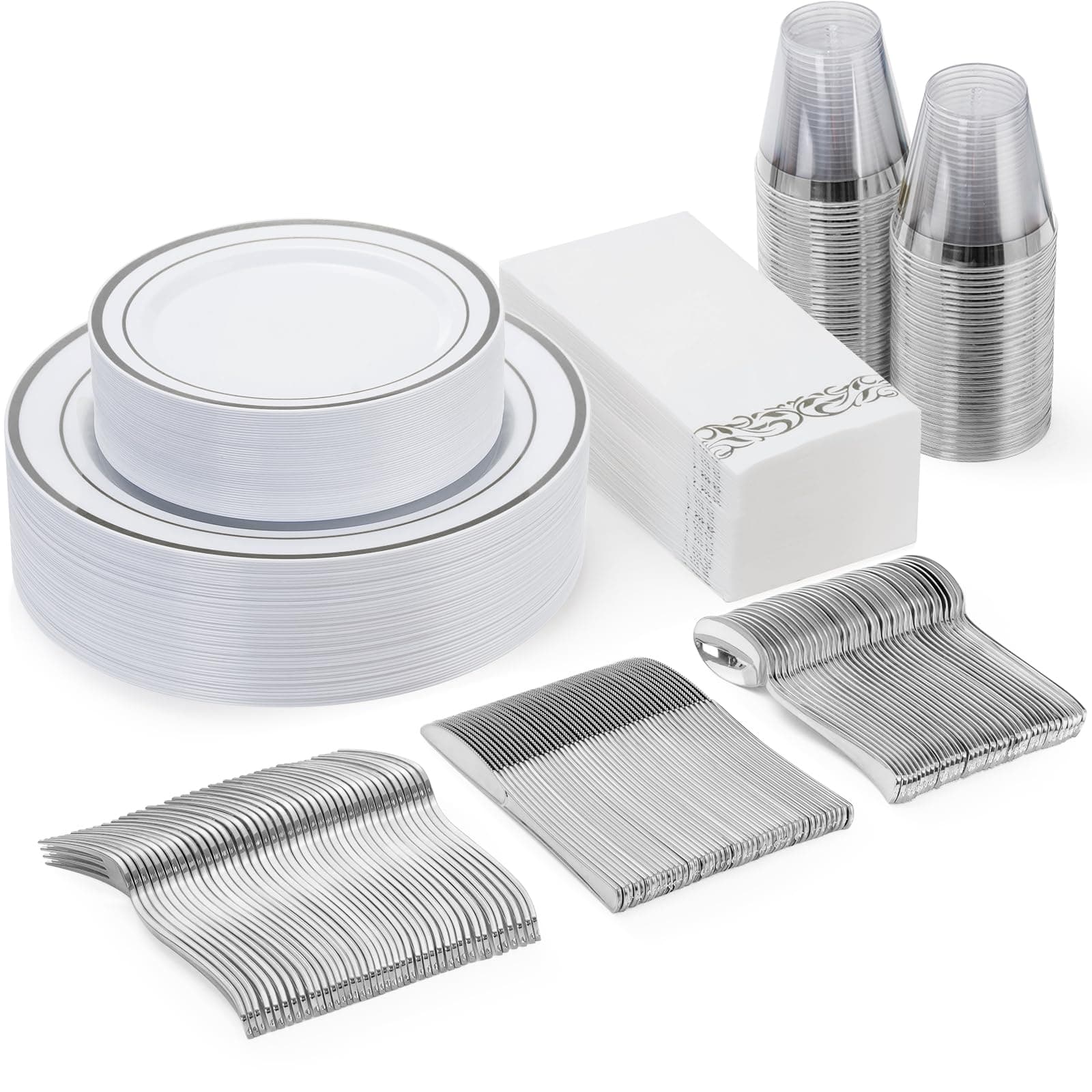 Goodluck 175 Pieces Silver Dinnerware Set for 25 Guests, Plastic Plates Disposable for Party, Include: 25 Silver Dinner Plates, 25 Dessert Plates, 25 Paper Napkins, 25 Cups, 25 Silverware Set