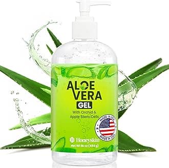 Honeyskin Organic Aloe Vera Gel for Face with Orchid & Apple Stem Cells - Soothing & Hydrating Aloe Gel for Sunburn Relief & After Sun Care - 100% Aloe Vera Gel for Hair, Face & Body (16 Fl Oz)