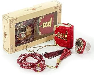 İhvan Online Mini Velvet Quran Set with Islamic Finger Counter, Portable Digital Tasbeeh, Muslim Prayer Beads, Pearl Zikirmatic Beads, 3 Pieces Gift Set for Mevlüt (Burgundy)