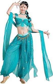 Arabian Jasmine Costume for Women Princess Dress Up Halloween Belly Dance Top Pants 4 Piece Outfit