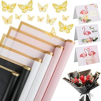 24 Sheets Flower Wrapping Paper - Waterproof Floral Bouquet Wrapping Paper, Florist Supplies with 3D Gold Butterfly Decor(Black+White+Pink)