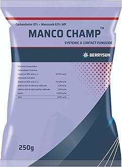 MANCO CHAMP (Carbendazim12% + Mancozeb63% WP)250 gm, For leaf spot, rust, blast, powdery & downy mildew, anthracnose, Fruit Scab, Fruit Rot, Alternaria Leaf Spot, Collar Rot, Wilt, Early & Late Blight