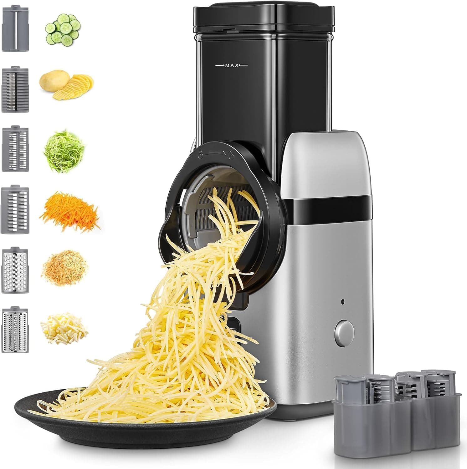 FOHERE Electric Cheese Grater, Upgraded 6-IN-1 Large Feed Chute Electric Vegetable Slicer with Different Blades and Storage Box, Cheese Shredder, Electric Slicer for Cheese, Fruits, Vegetables