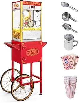 ROVSUN Popcorn Machine Movie Theater Style with Cart & Wheels, 10 Ounce Kettle Makes Up to 4 Gallons Popcorn Maker with Popcorn Scoop, Oil Spoon, Popcorn Cups & Bags for Commercial Home, ETL Certified