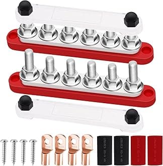 350A Bus Bar 12V Marine 6 x 3/8" (M10) Terminal Studs 12V-48V Power Distribution Block with Cover,with 4PCS Battery Lugs and 4PCS Heat Shrink Tubing Busbar for Boat Automotive Car