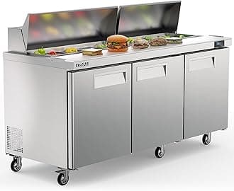 72.7’’ W Commercial Salad Bar Refrigerator 3 Door, Refrigerated Salad/Pizza/Sandwich Prep Table for Restaurants/Bars, ETL NSF Approved, Stainless Steel 18 Pans 22 Cu.Ft. Capacity Fan Cooling