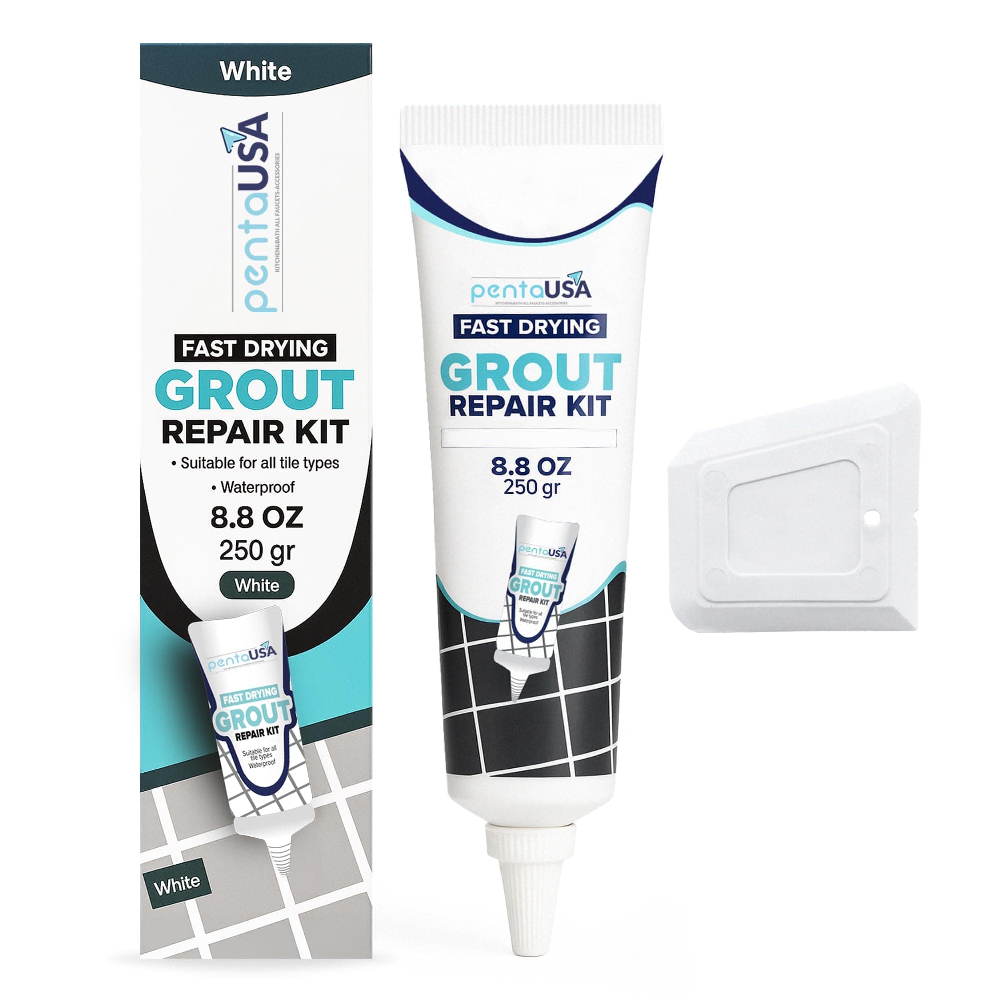 Tile Grout Repair Kit - Premixed Squeezable Sanded Grout Filler for Shower, Bathroom & Kitchen, Fast Drying Waterproof Triple Protection, Fills Cracked Grout Lines (White, 8.8oz / 250g)