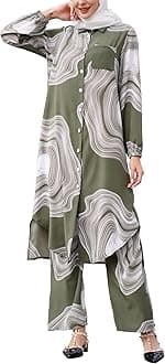 IDOPIP Abaya Dress for Women Muslim Set Long Sleeve Chiffon Islamic Dress Shirt with Pants 2PCS Dubai Prayer Casual Clothes