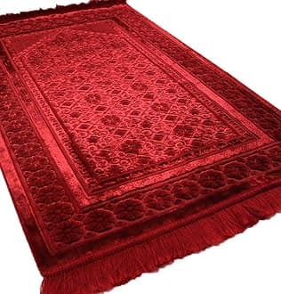 Modefa Velvet Prayer Rug with Prayer Beads Turkish Janamaz Sajadah Floral Stamp Luxury Plush (Red)