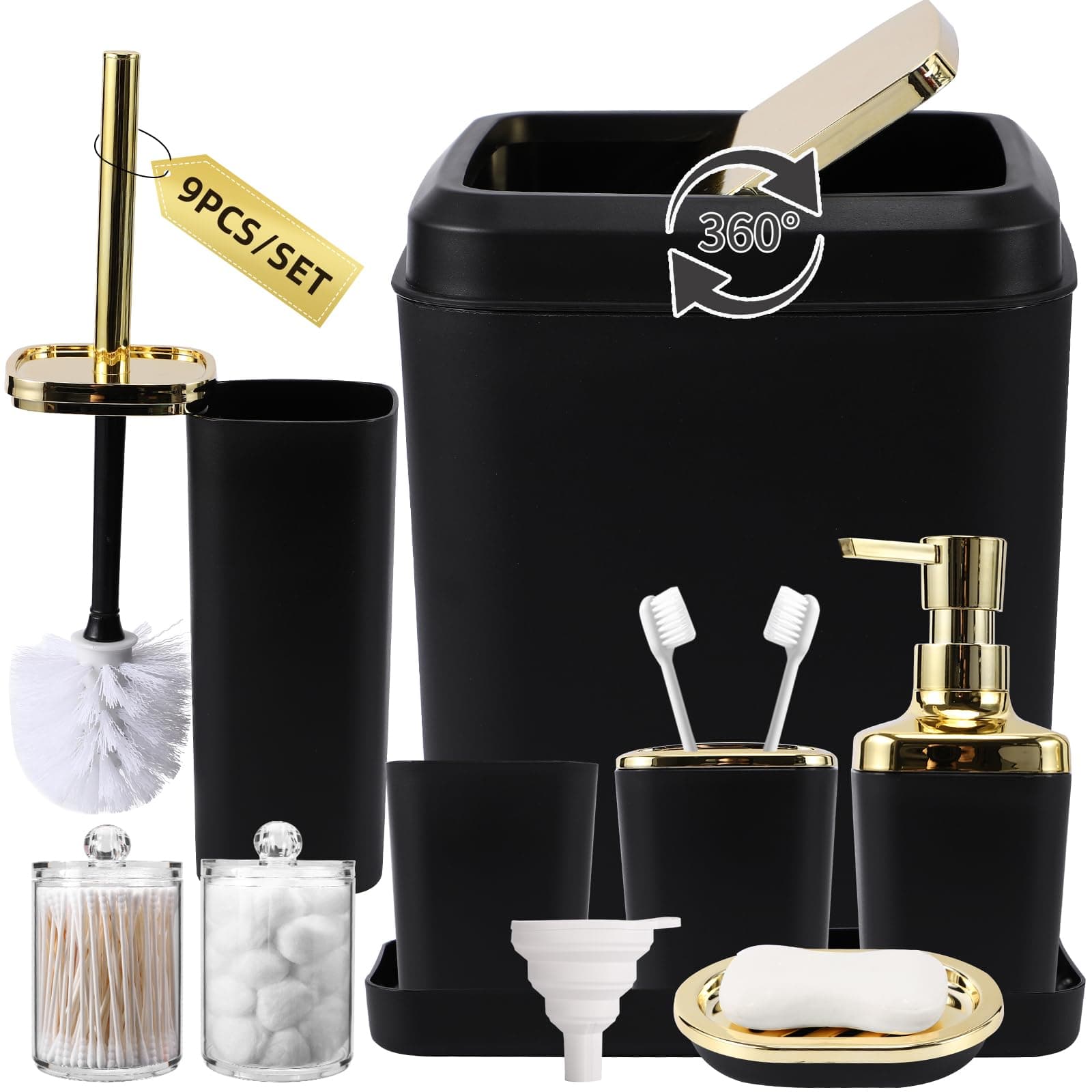 Black Bathroom Accessories Set, Black and Gold Bathroom Accessories with Trash Can, Tray, Soap Dispenser, Soap Dish, Toothbrush Holder, Toothbrush Cup,Toilet Brush and Qtip Holders