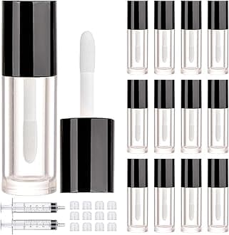 2.5ml 12 PCS Empty Lip Gloss Tubes with Wand Lip Gloss Containers Cute 0.08oz Clear Refillable Lipgloss Making Supplies Kit for DIY Makeup+ 2pcs Syringes (Black)